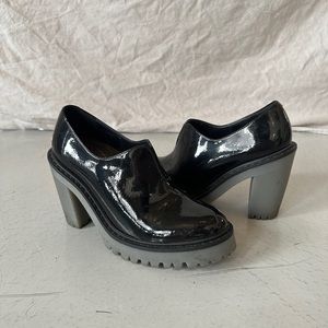 Dr. Martens loafer platform bootie with block heel, black patent leather, size 8